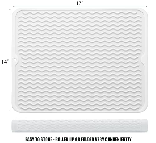Image of Silicone Dish Drying Mat, Non-Slip Easy Clean Sink Mat, White, 17 inch x 14 inch | Quick-Dry Ridges, Large Heat-resistant Dish Drainer Mat for Kitchen Counter, Hangable & Roll-Up for Storage, Dishwasher Safe