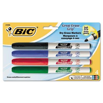 Bic Great Erase Markery o niskim zapachu suchościeralne cienkie punkty 4/Pkg - czarny, niebieski, czerwony i zielony