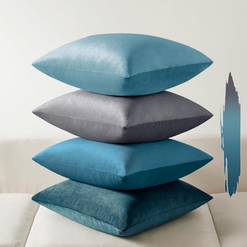 Softalker Velvet Throw Pillow Covers 16x16 Set of 4, Teal Gradient