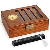 SEMKONT Cigar Humidor, Antique Locking Cedar Wood Desktop Cigar Case, Strip View Window Glass Top Cigar Storage Case,with Humidifier and Hygrometer,Hold 20-25 Cigars