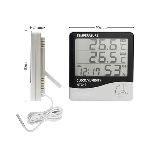 Image of SMIC Pvc Htc-2 Lcd Digital Thermometer Hygrometer Weather Station Temperature Humidity Meter Clock Room Wall Indoor Outdoor Sensor Probe, Pack of 1