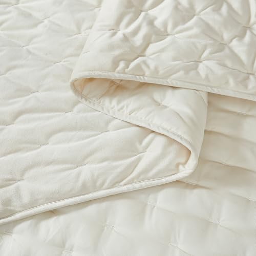Image of Lush Decor - Quilt Set, 3-Piece Cozy Velvet Bedding with Matching Shams, Embroidered Stitch Design (Haven Cream, Full /Queen)