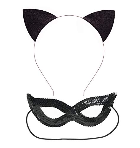 Merroyal Lace Cat Ears Headband Halloween Fancy Dress Cat Woman Hairband Cosplay (Black) (Glitter Cat Headband+Cat Mask)