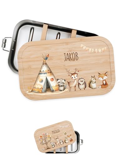 Bärenfreunde® - Personalisierte Brotdose für Kinder mit Spezial-Druck - Robuste Edelstahl Brotdose - Personalisierte Geschenke für Kinder & Erwachsene (Zelt Tiere,klein Weißblech)