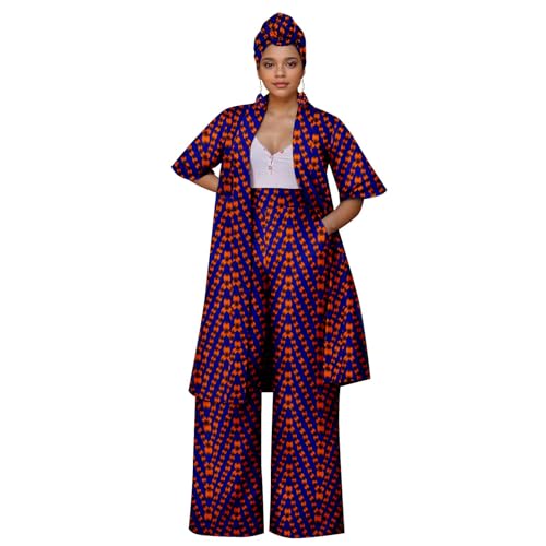 African Coat for Women 2 Piece Suit Set Traditional Ankara Print Jacket and Pants with Headwrap and Earrings
