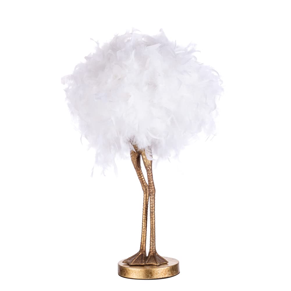LITECRAFT Oscar Table Lamp Ostrich Legs Base with White Feather Ball Shade - Gold