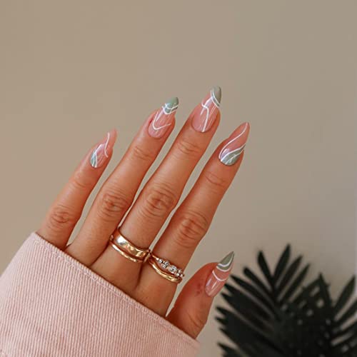 Souarts Uñas postizas postizas postizas largas y ovaladas, cobertura completa, para mujeres y niñas, 24 unidades (verde) Cover