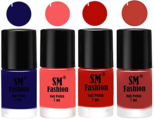 Image of Nail Polish Combo Set (Pack of 4) Quick Dry Gel Finish Nail Paint | Dark Blue,Light Pink,Red Orange,Dark Peach | 7 ml Each