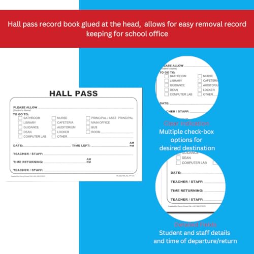 Cherry Hall Pass Pad | 100 Pages | 54 lb Paper | 5.8\" x 4.1\" | Glued at Head | Durable Student Hall Pass Record Book | Eco-Friendly Carbon Balanced Paper