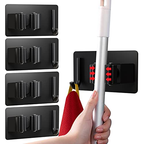 Colgador Escobas y Fregonas - Soporte Escobas para Pared Adhesivos de Acero Inoxidable -Colgador de Fregonas Adhesivo con Ganchos para Cocina, Garaje, Jardín, Baño, Restaurante y Oficina Cover