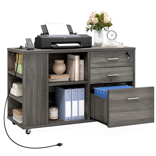 DWVO File Cabinet with Charging Station, 3 Drawer Mobile Filing Cabinet with Lock, Printer Stand with Open Storage Shelf for Home Office, Grey