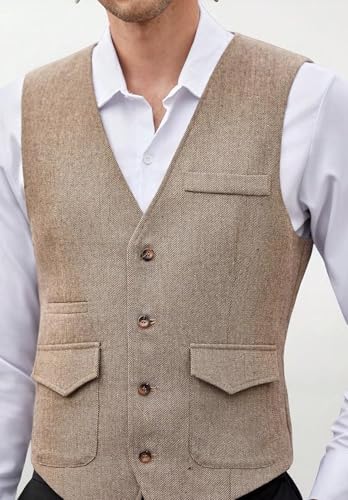 Men's Classic Herringbone Vest Single Breasted Tweed Blend Business Waistcoat for Wedding2
