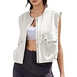 Colete cargo de bolso feminino casual cor sólida, Branco, P