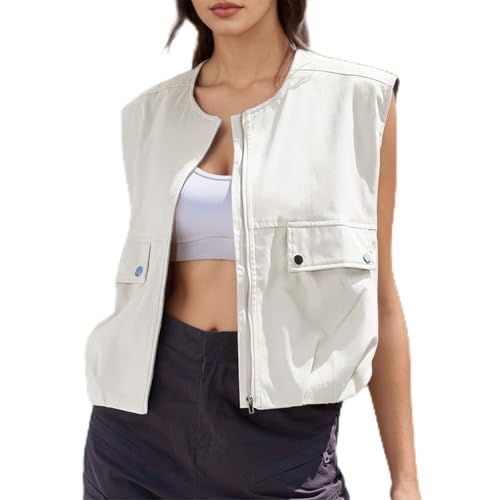 Colete cargo de bolso feminino casual cor sólida, Branco, P