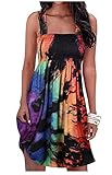 Reverse Tie Dye Rainbow Smocked Spaghetti Strap Dress for Women Summer Beach Mini Dresses Cover Ups Sleeveless Dress (Tie Dye, Medium)