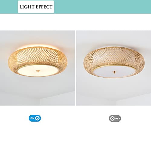 Bamboo Flush Mount Ceiling Light Handwoven Rattan Light Fixture, 3 Lights Boho Ceiling Lamp for Bedroom, Entryway, Foyer (15-inch)