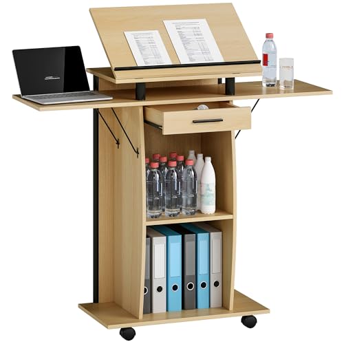 HOMCOM Rednerpult Podium mit Rädern, klappbaren Seitenflügeln, neigbarem Laptopständer, Podiumständer mit Schublade, Regal Stehpult für Kirche, Vortrag, Klassenzimmer Eiche 126 x 37 x 136 cm