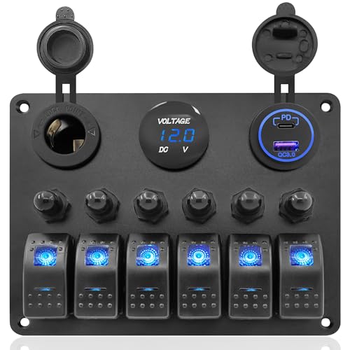 Marine 6-Gang Waterproof Switch Panel with USB & Voltage Display