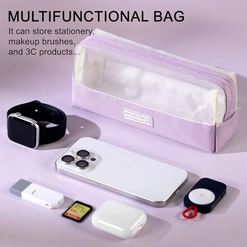 Image of ANGOOBABY Mesh Pencil Bag Clear pencil case Zipper Pouch Bags Multifunctional Pencil Holder for Students, Small Makeup Bag Suitable for Teen Girls & Boys (Violet)