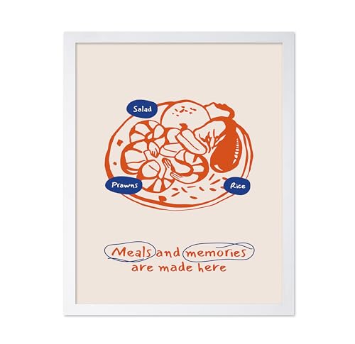 Poster Master Meals And Memories Poster - Retro Seafood Print - Salad Art - Rice Artwork - Food & Drink Design - Chic Boho Graphic - Great Restaurant or Kitchen Wall Decor - 16x20 White Framed