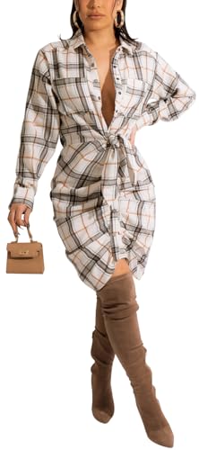 Damen Casual Langarm Button Down Shirts Minikleid Sexy V-Ausschnitt T-Shirts Tops Lose Kragen Lange Bluse Wickelkleid, 11229 kariert, X-Groß