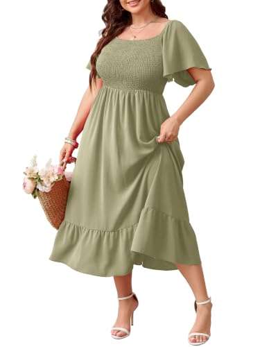 Image of SCOMCHIC Women's Plus Size Summer Dress Casual Short Sleeve Scoop Neck Maxi Dress Smocked Ruffle Boho Flowy Long Dresses