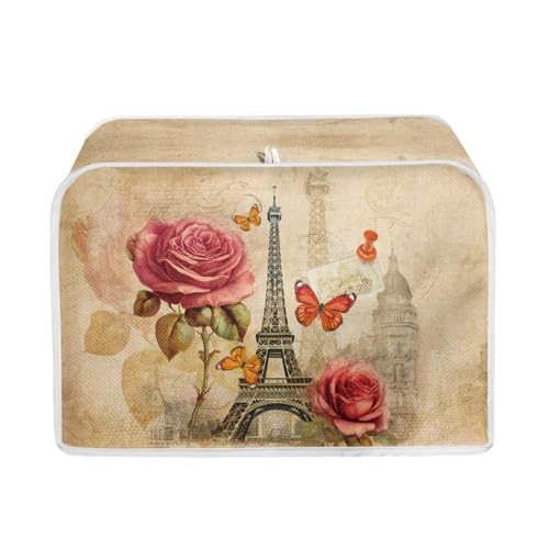 Image of Torre Eiffel Rose Retro Toaster Cover Kitchen Bakeware Protector Fits for Most Standard 2 Slice Toasters, Keep Toaster Free From Dust and Fingerprint Oven Dustproof Cover Decor