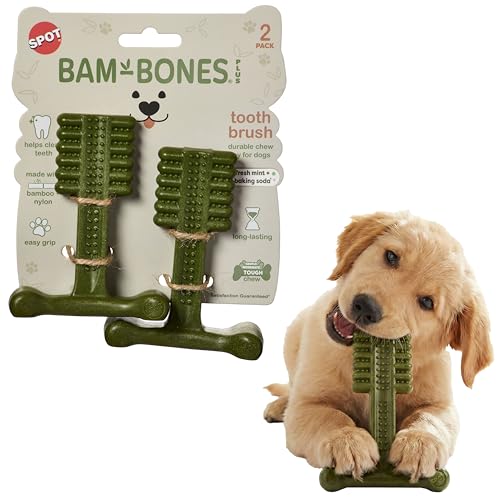 SPOT Bam-Bones Plus Toothbrush Dog Chew Toy 2-Pack for Small Dogs 10-30 lbs Bamboo & Nylon Dental Chew with Mint & Baking Soda T-Bone for Moderate to Heavy Chewers 4 Inch