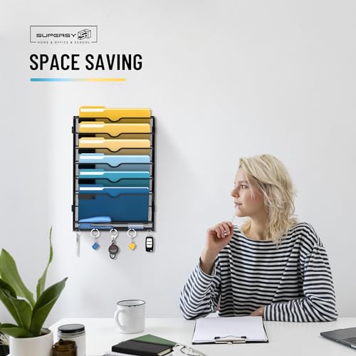 SUPEASY 7-Tier Wall File Holder Organizer with Hooks, Mesh Hanging File Organizer, Mail Organizer Wall Mounted for Papers, Folders, Office Magazine Rack, Assembly Needed, Black image 8