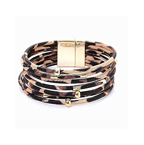 ILJILU Leopard Bracelets for Women Metal Pipe Charm Multilayer Wide Leather Wrap Bracelet
