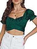 LYANER Women's Satin Ruffle Short Sleeve Tie Up Back Crop Top Off Shoulder Blouse Dark Green Large