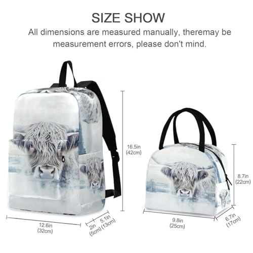 Backpack Lunch Bag Set Winter Cattle Print, Big Storage Travel Backpacks with Insulated Lunch Box for Office Hiking Picnic2
