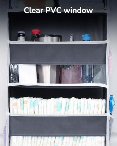 ULG 1 Pack Over Door Organizer with 5 Large and 10 Mesh Side Pockets, 44 lbs Weight Capacity Hanging Storage with Clear Window Kids Toys, Shoes, Diapers, Dark Grey, 5 Layers