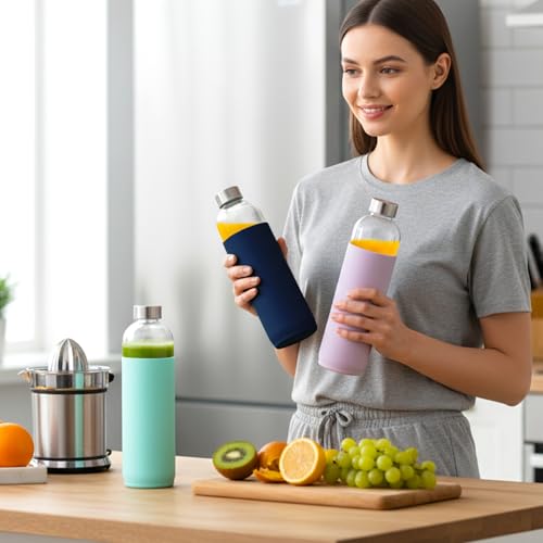 Image of Luxfuel 32 oz Glass Water Bottles with Lids and Silicone Sleeve 3 Pack | Leak Proof Stainless Steel Lids, BPA Free, Reusable Glass Bottles for Juicing, Smoothies & Refrigerator, Dishwasher Safe