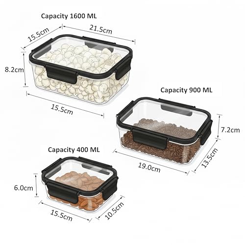 Image of PEARLPET Luxeseal Airtight Food Storage Containers | 3-Piece Rectangular Jar Set | 400ml, 900ml, 1600ml | BPA-Free PET, Stackable, Festive Gift Set, Black