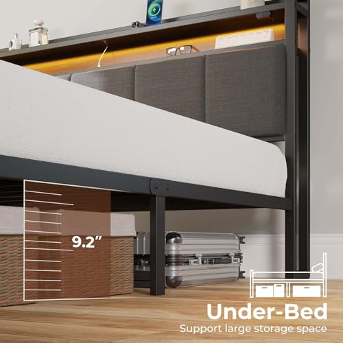 Rolanstar Queen Size Bed Frame with Charging Station and LED Lights, Padded Headboard with Storage Shelves, Heavy Duty Metal Slats, No Box Spring Needed, No Noise,