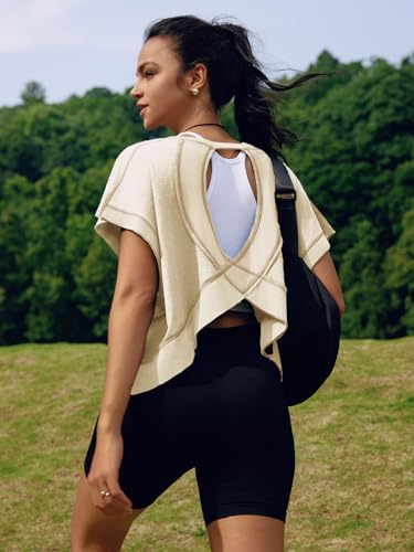Image of SENSERISE Womens Open Back Workout Tops Backless Short Sleeve Athletic Shirt Running Crop Top Gym Yoga Tee