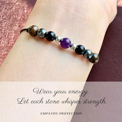Empathy Protection Crystal Bracelet – Natural Healing Stones for Anxiety Relief & Emotional Support – Amethyst Hematite Tiger Eye Obsidian Beaded Jewelry for Women Men3