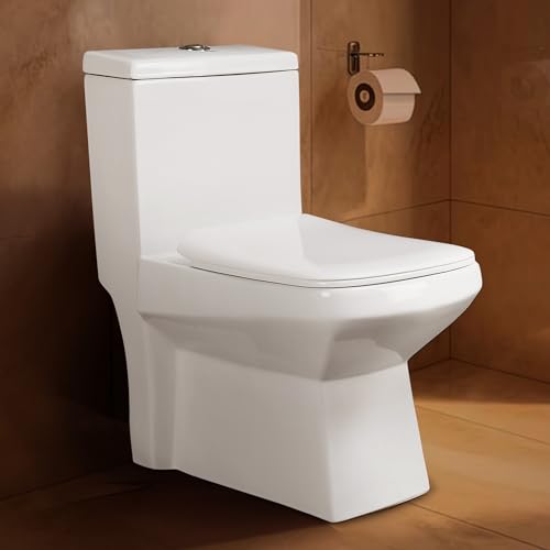 Image of Hindware Italian Collection Enigma One Piece Floor Mount Western Commode for Bathroom | Made of Ceramic | S-220 Trap | Soft Close | Star White | Geometric Shape | Floor Mount Ewc | 10-Year Warranty