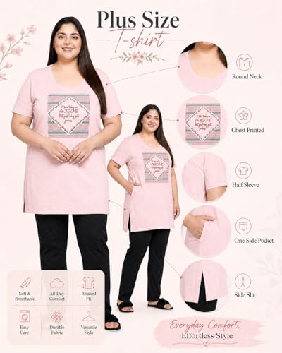 Image of In Love Women Cotton Regular Fit Plus Size Long-Line Chest Print T-Shirt with Pocket