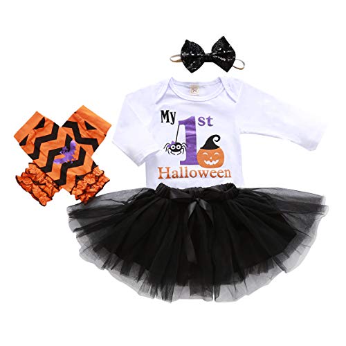 Merqwadd 3PCS Infant Toddler Baby Girl Halloween Outfits Romper+Tutu Skirt+Bowknot Headband+Leg Warmer Trick or Treat Day Outfit (1st Halloween&Pumpkin, 0-6 Months)