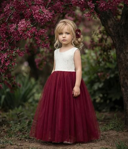 Image of 2Bunnies Girl Peony Lace Back A-Line Straight Tutu Tulle Party Flower Girl Dress