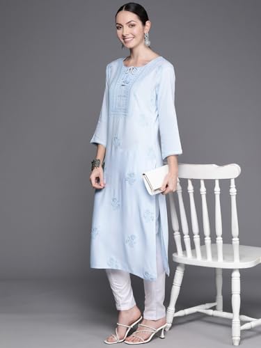 Image of INDO ERA Women's Floral Chikankari Work Viscose Rayon Calf Length Straight Kurta (23AGS7314)