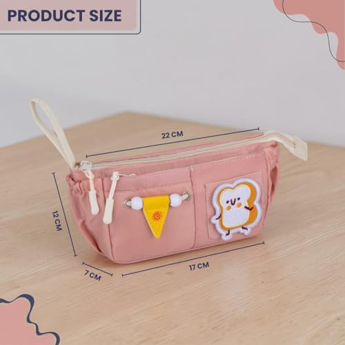 Image of Canvas School Bag Pencil Case, 3 Layer 6 Compartment Large Capacity, Aesthetic Pencil Pouch for Stationary, Cute Stationery for Kids, Pencil Case for Girls & Boys (Peach)