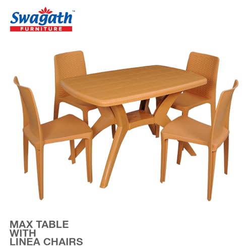 Image of Furniture 4 Seater Max Plastic Cross Leg Dining Table and 4 Nos Linea Without Arm Cushioned Chair for Home, Garden & Cafeteria (Finish Color-Amber Gold, DIY(Do-It-Yourself)