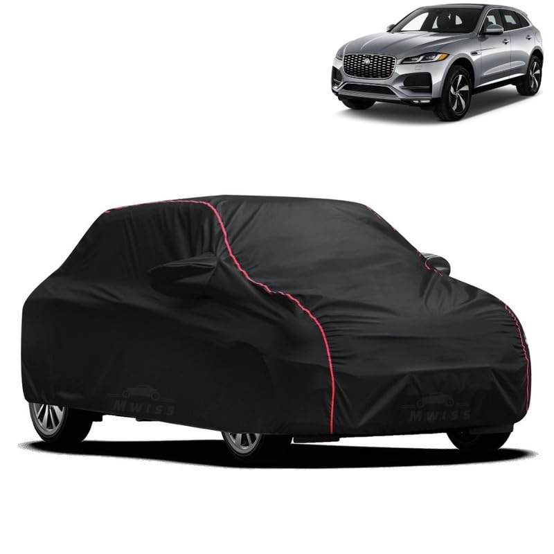 Image of Waterproof Car Cover for Jaguar FPace | All-Weather Protection, Dustproof & UV Resistant | Triple Stitched Mirror Pockets, Windproof Buckle Strap with Elastic Hem, Black-Red Piping