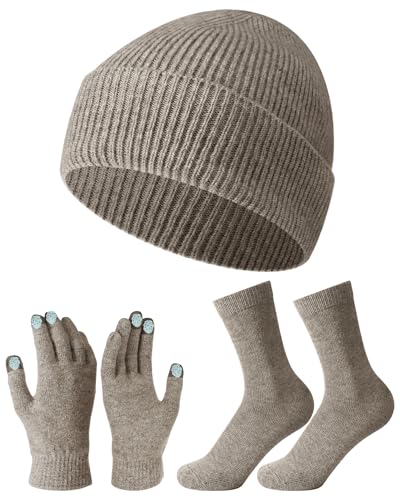Croloose 3 Pcs 100% Wool Winter Hat Gloves Socks Set for Women Men Thermal Knit Beanie Wool Touchscreen Gloves Warm Socks Winter Warmer Gifts for Women Cold Weather Outdoor Sports