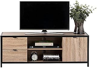 TV Stand Unit - Light Oak Finish With Matt Black Metal Frame 450mm H x 1240mm W x 390mm D