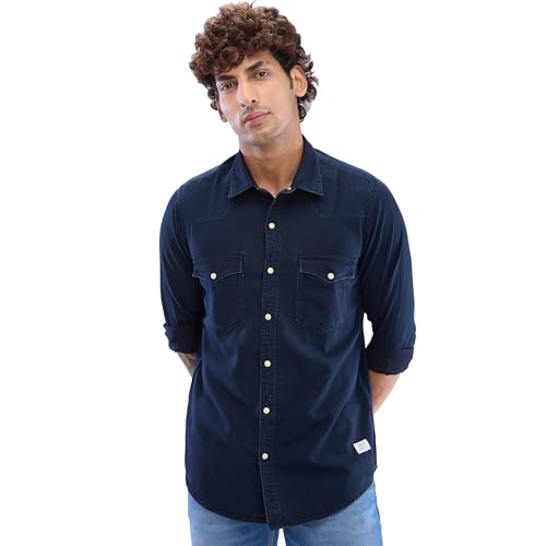 Image of Spykar Men's Slim Fit N /A Full Sleeve Indigo Casual Shirts