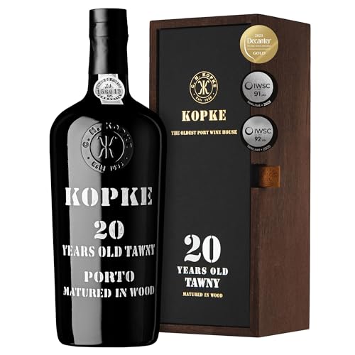 Kopke Porto Tawny 20 Ans – Vin de Porto Rouge Raffiné Vieilli en Fût de Chêne | Vin de Dessert Récompensé | Bouteille Élégante de 0,75L (20% Vol.) dans un Coffret Cadeau en Bois